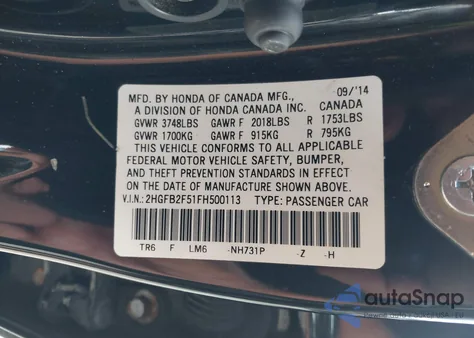 2015 Honda Civic Lx from USA, damaged, VIN 2HGFB2F51FH500113
